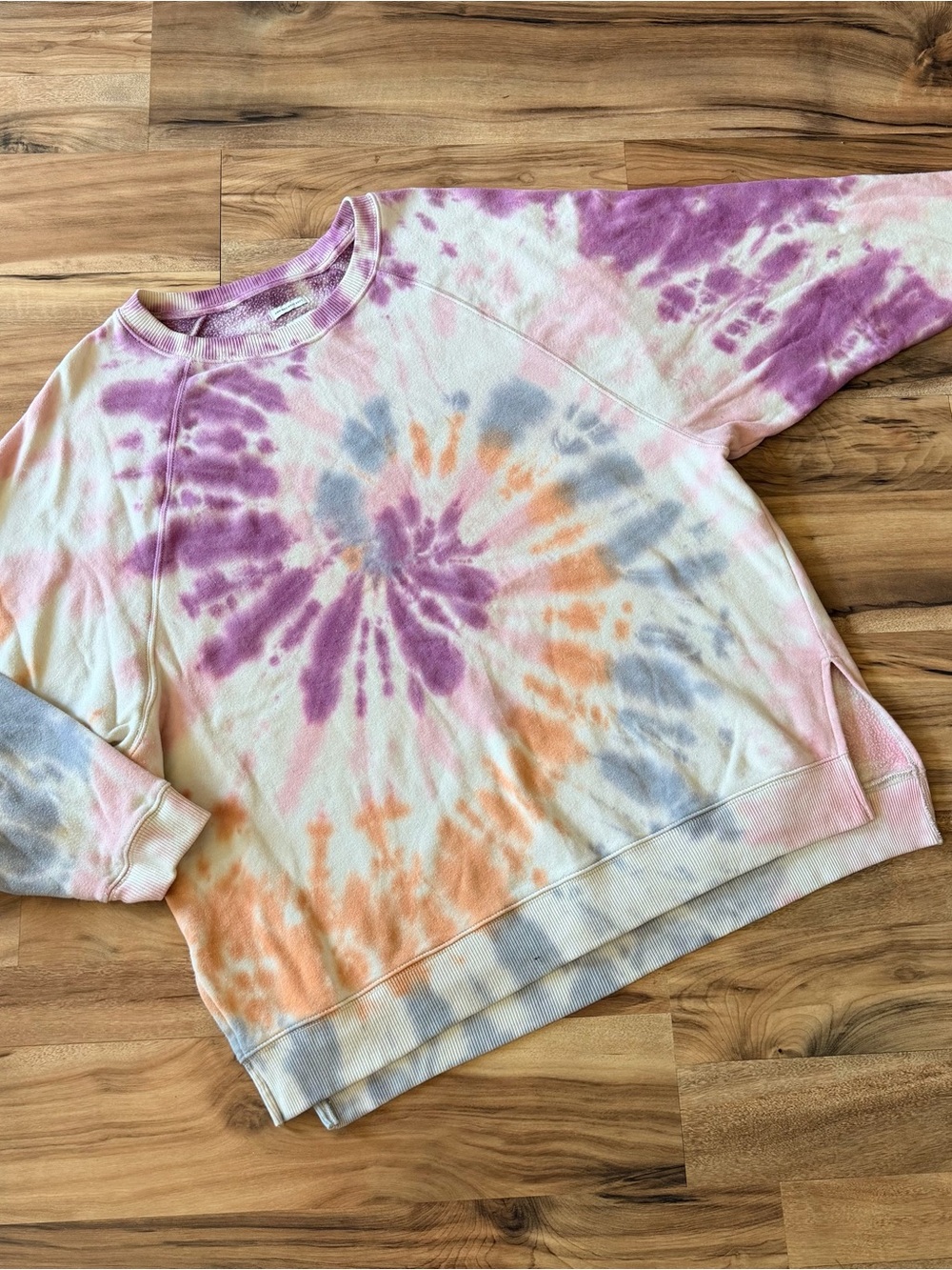 American Eagle Pastel Tie-Dye Crewneck Sweatshirt - Purple, Peach & Gray